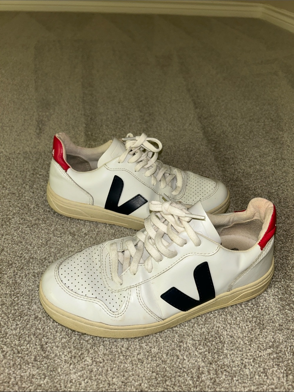 Veja White Leather Sneakers with Black V and Red Heel Tab